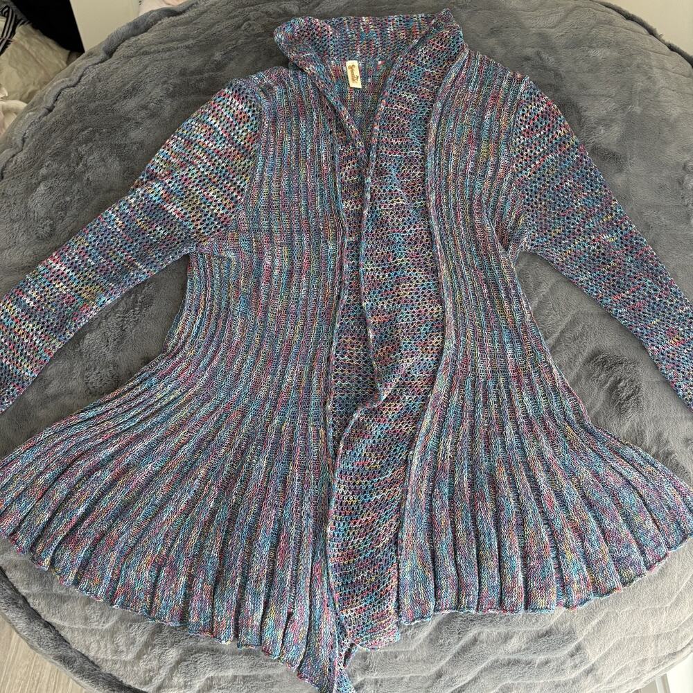 Shoreline Women's Cardigan L/XL Open Front Multi Boho Knit Shawl Collar Ribbed - Picture 2 of 8